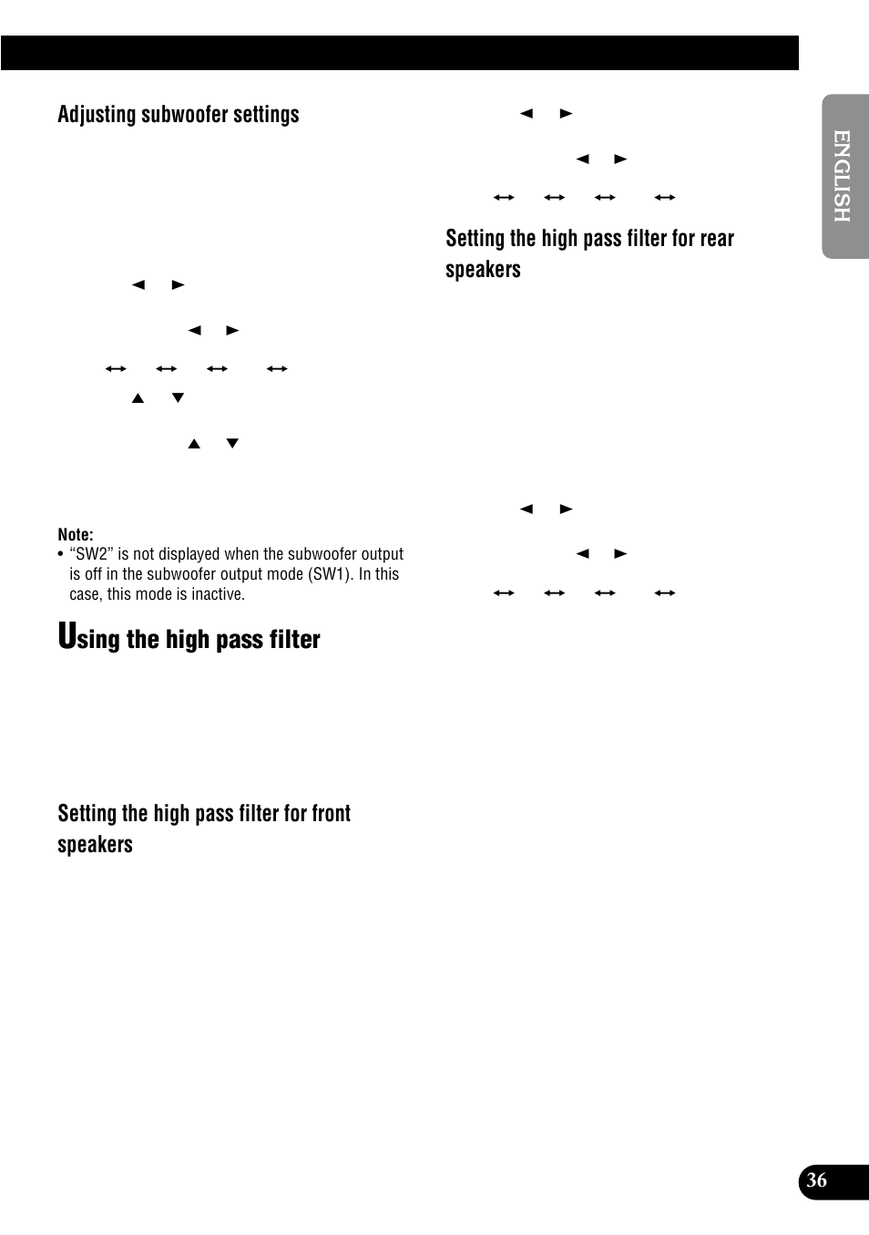 Using the high pass filter, Sing the high pass filter, Adjusting subwoofer settings | Setting the high pass filter for front speakers, Setting the high pass filter for rear speakers | Pioneer MULTI-CD CONTROL DSP HIGH POWER CD/MD PLAYER WITH FM/AM TUNER FH-P8900MD User Manual | Page 37 / 60