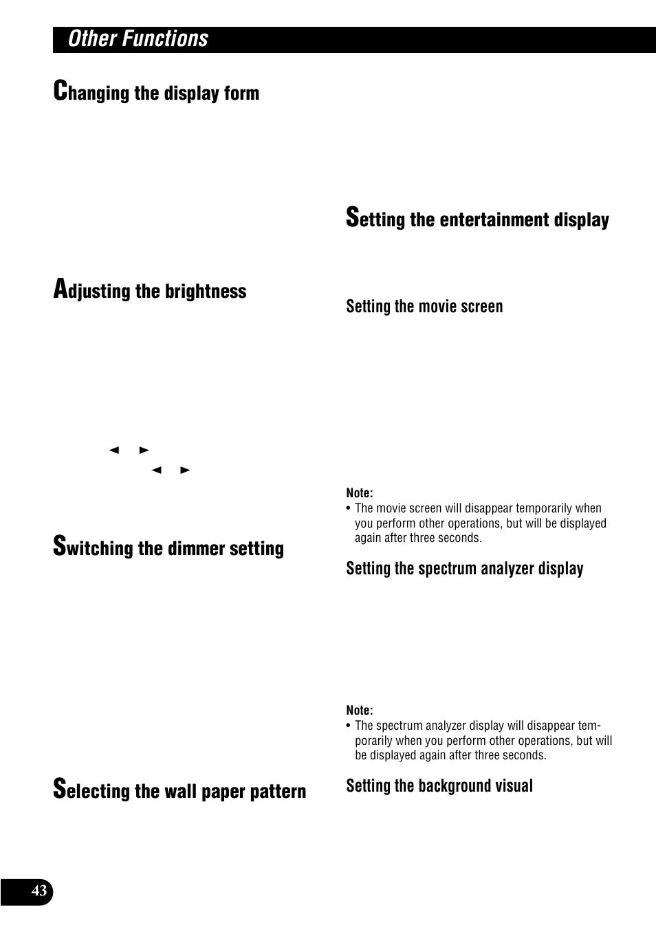 Other functions, Hanging the display form, Djusting the brightness | Witching the dimmer setting, Electing the wall paper pattern, Etting the entertainment display, Setting the movie screen, Setting the spectrum analyzer display, Setting the background visual | Pioneer MULTI-CD CONTROL DSP HIGH POWER CD/MD PLAYER WITH FM/AM TUNER FH-P8900MD User Manual | Page 44 / 60