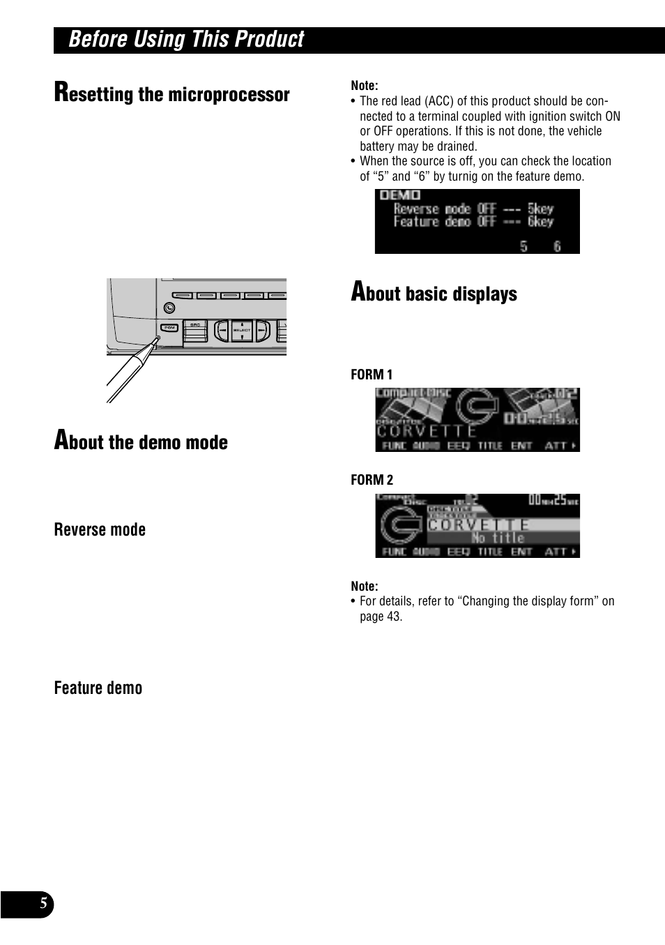 Before using this product, Esetting the microprocessor, Bout the demo mode | Bout basic displays | Pioneer MULTI-CD CONTROL DSP HIGH POWER CD/MD PLAYER WITH FM/AM TUNER FH-P8900MD User Manual | Page 6 / 60