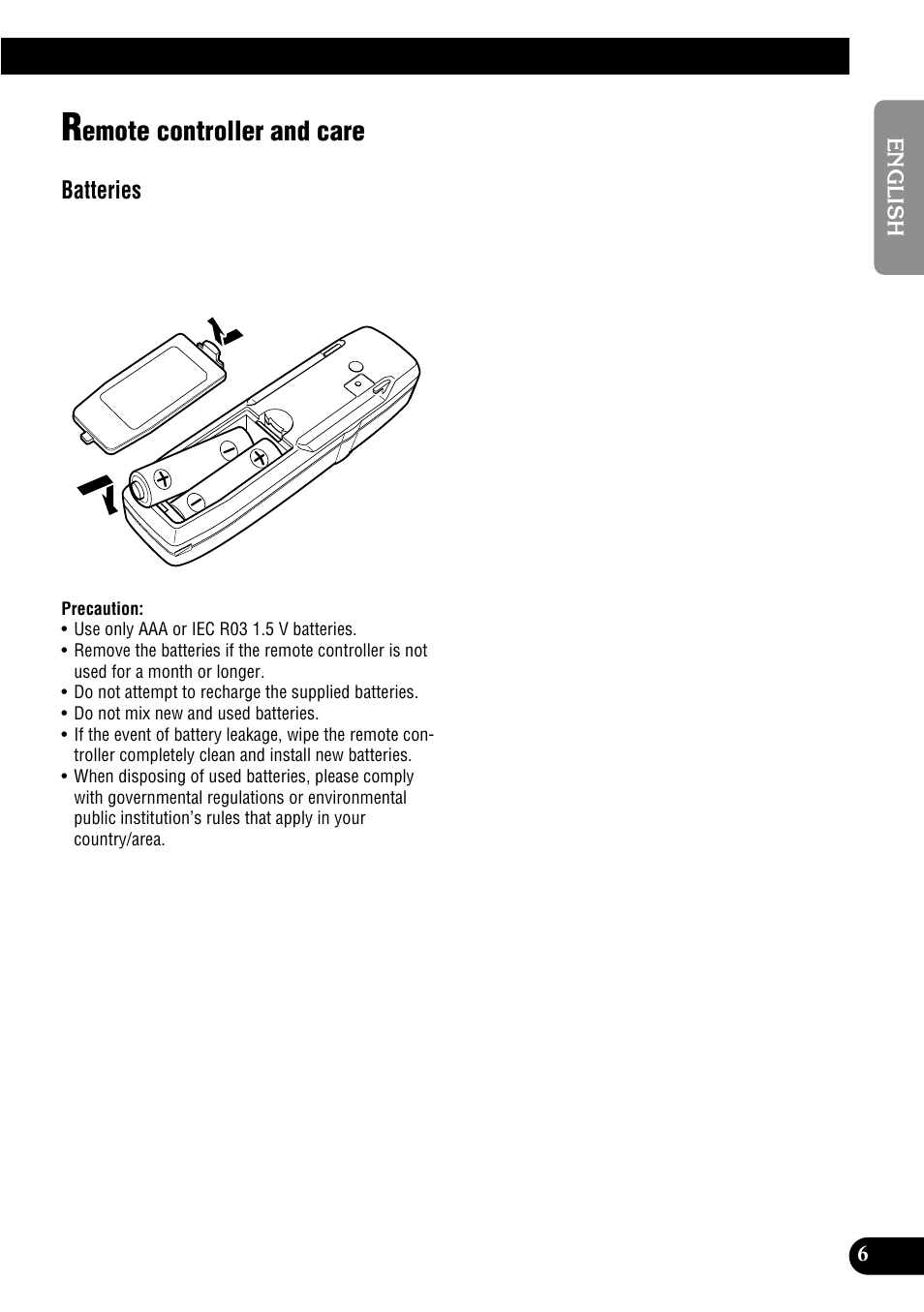 Remote controller and care, Emote controller and care | Pioneer MULTI-CD CONTROL DSP HIGH POWER CD/MD PLAYER WITH FM/AM TUNER FH-P8900MD User Manual | Page 7 / 60