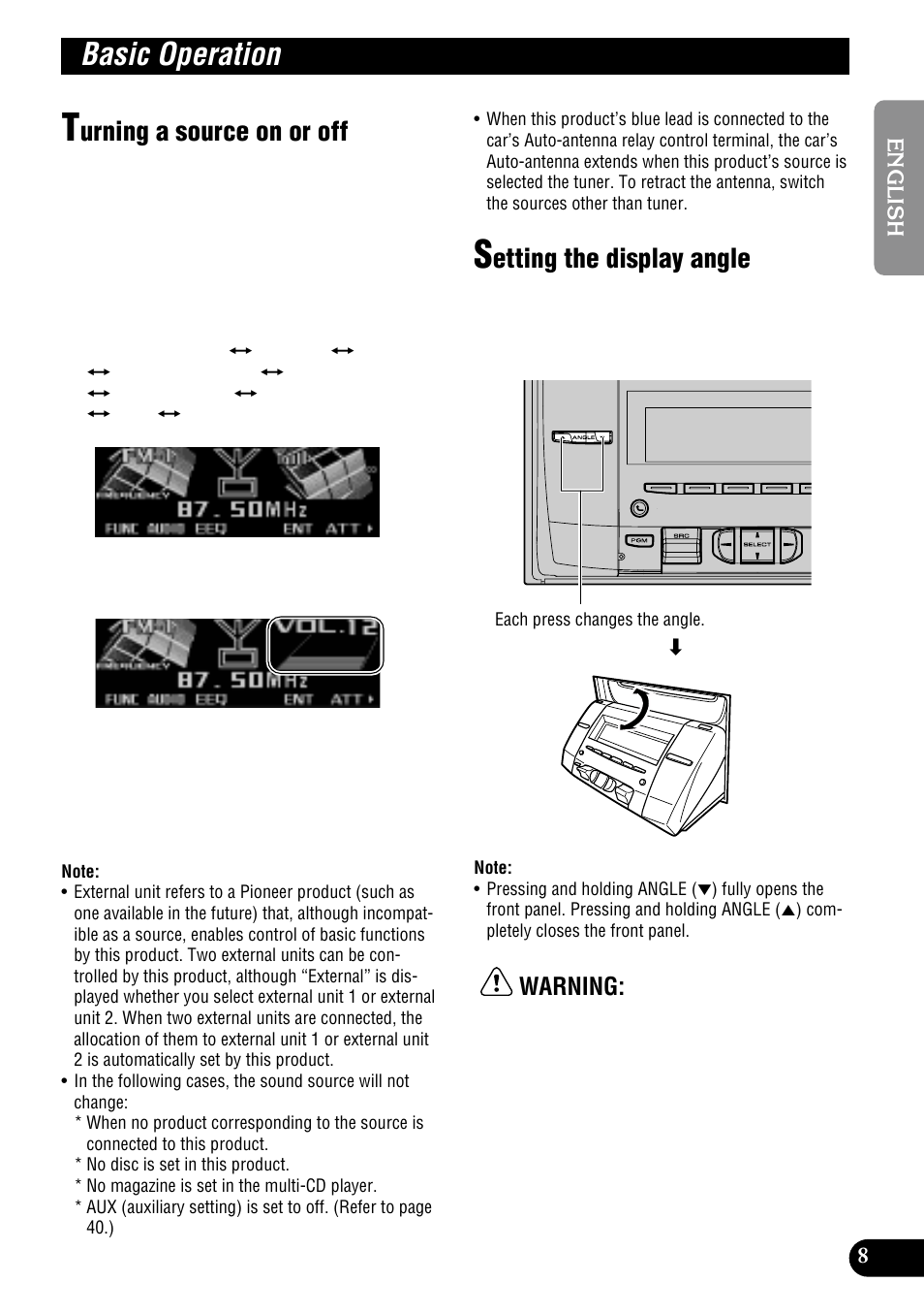 Basic operation, Urning a source on or off, Etting the display angle | Warning | Pioneer MULTI-CD CONTROL DSP HIGH POWER CD/MD PLAYER WITH FM/AM TUNER FH-P8900MD User Manual | Page 9 / 60