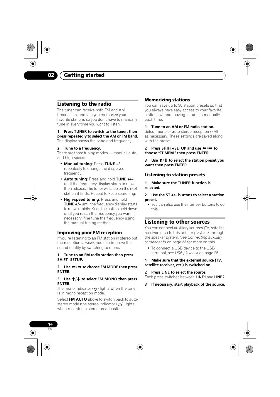 Listening to the radio, Listening to other sources, Getting started 02 | Pioneer S-DV777T User Manual | Page 14 / 102
