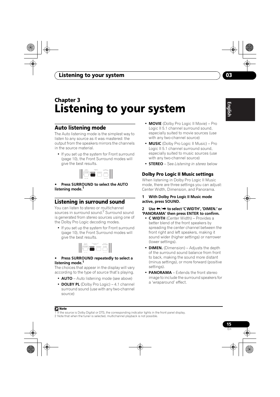 Auto listening mode listening in surround sound, Dolby pro logic ii music settings, Listening to your system | Listening to your system 03, Chapter 3, Auto listening mode, Listening in surround sound | Pioneer S-DV777T User Manual | Page 15 / 102