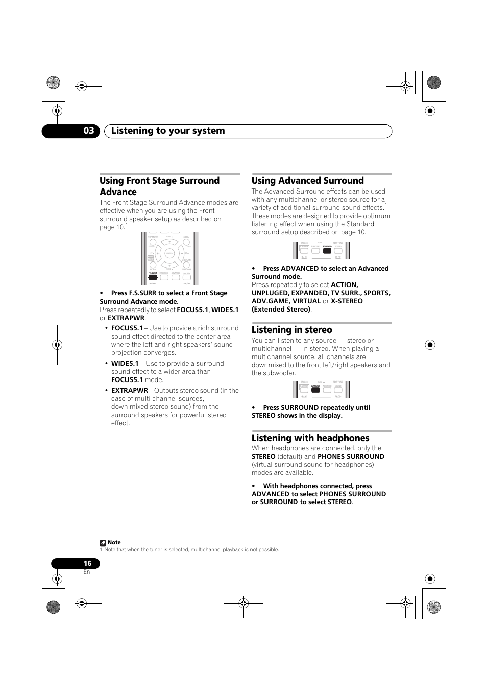 Listening to your system 03, Using front stage surround advance, Using advanced surround | Listening in stereo, Listening with headphones | Pioneer S-DV777T User Manual | Page 16 / 102