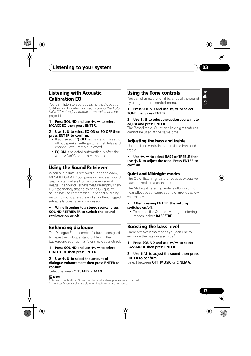 Boosting the bass level, Listening to your system 03, Listening with acoustic calibration eq | Using the sound retriever, Enhancing dialogue, Using the tone controls | Pioneer S-DV777T User Manual | Page 17 / 102