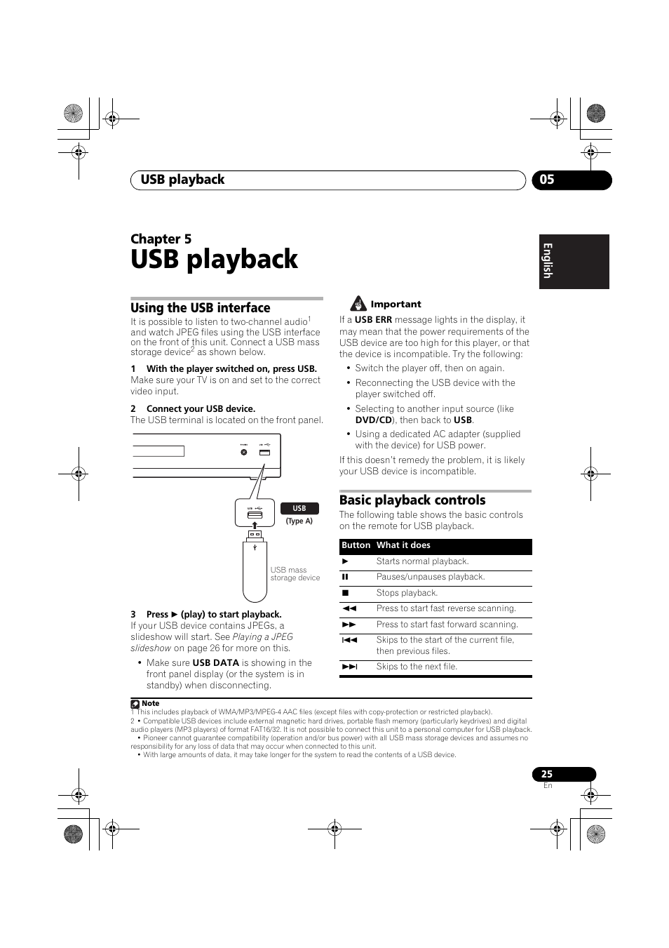 Using the usb interface basic playback controls, Usb playback, Usb playback 05 | Chapter 5, Using the usb interface, Basic playback controls | Pioneer S-DV777T User Manual | Page 25 / 102