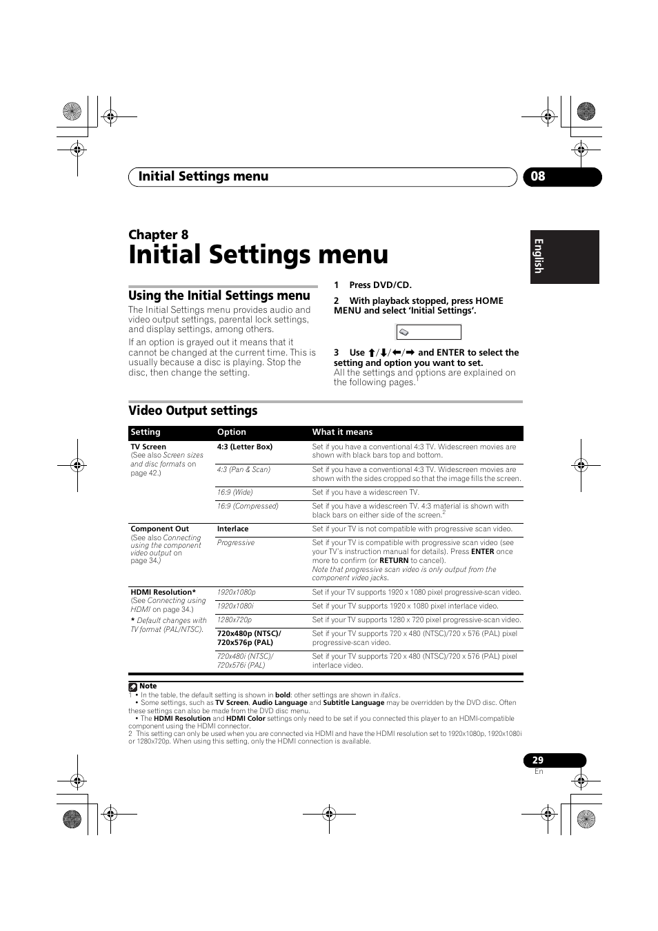 Initial settings menu, Initial settings menu 08, Chapter 8 | Using the initial settings menu, Video output settings | Pioneer S-DV777T User Manual | Page 29 / 102