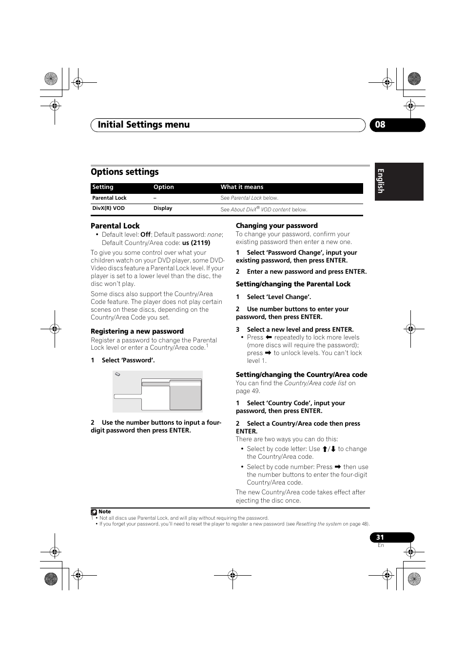 Options settings, Parental lock, Initial settings menu 08 | Pioneer S-DV777T User Manual | Page 31 / 102