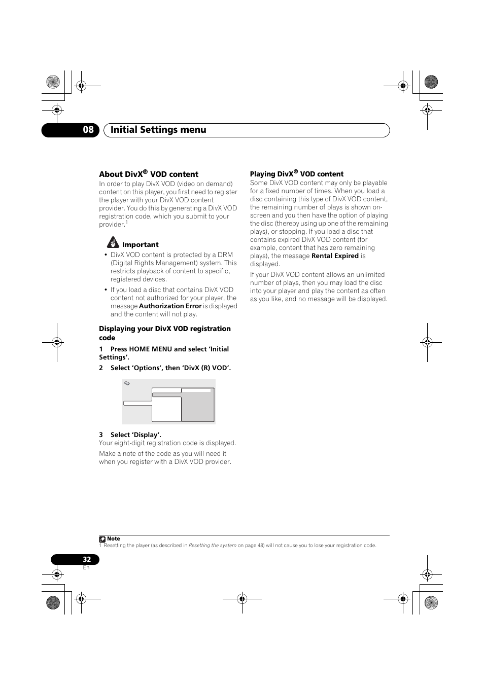 About divx, Vod content, Initial settings menu 08 | Pioneer S-DV777T User Manual | Page 32 / 102