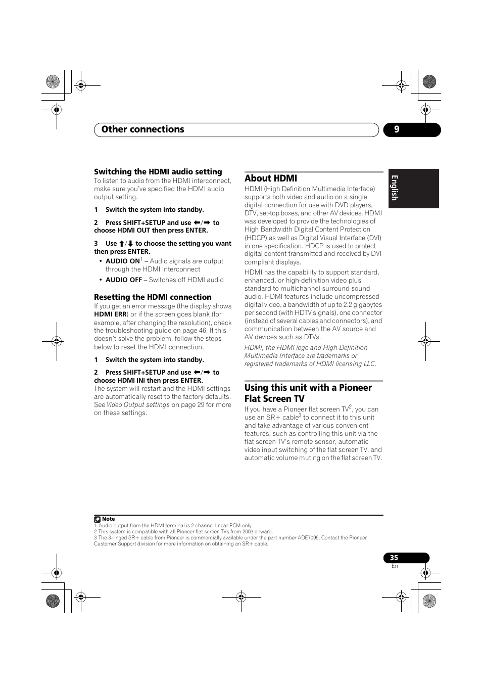 Other connections 9, About hdmi, Using this unit with a pioneer flat screen tv | Pioneer S-DV777T User Manual | Page 35 / 102