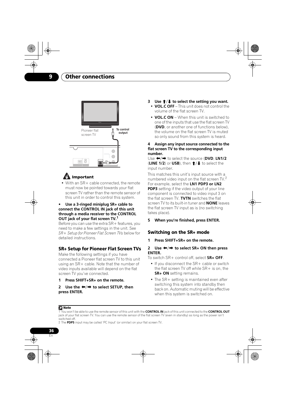Other connections 9, Sr+ setup for pioneer flat screen tvs, Switching on the sr+ mode | Pioneer S-DV777T User Manual | Page 36 / 102