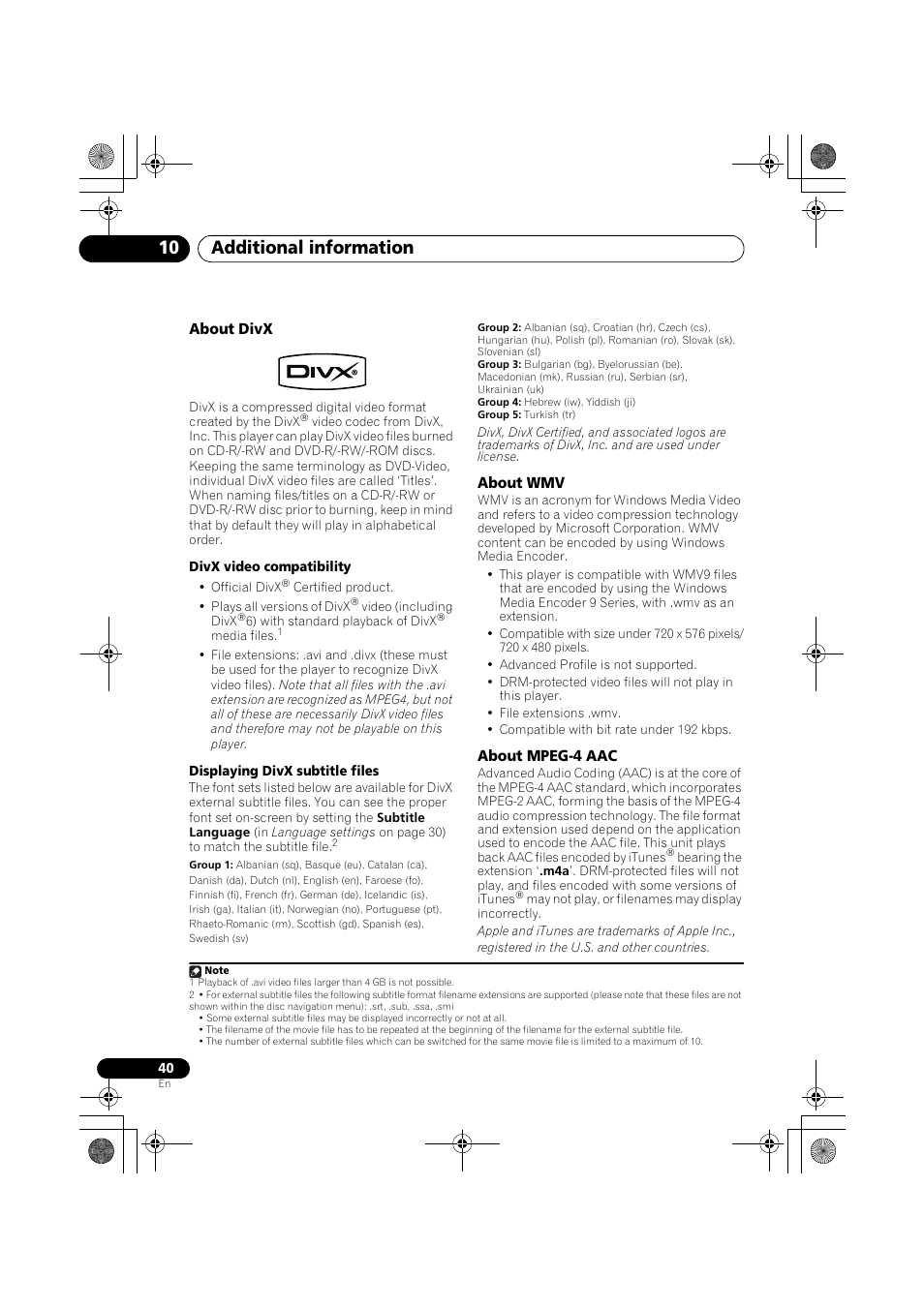 About divx about wmv about mpeg-4 aac, Additional information 10 | Pioneer S-DV777T User Manual | Page 40 / 102