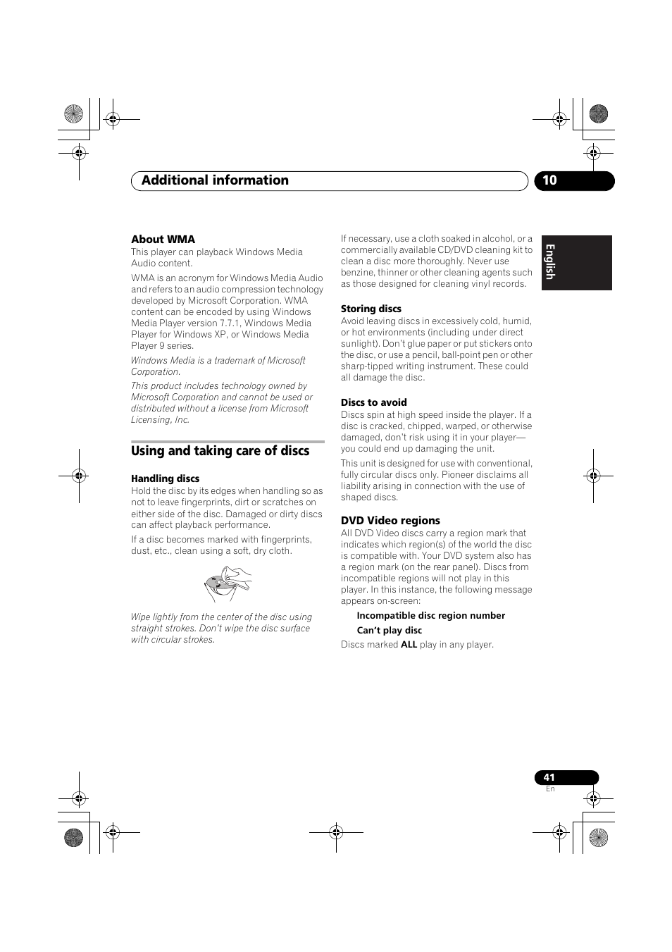 About wma, Using and taking care of discs, Dvd video regions | Additional information 10 | Pioneer S-DV777T User Manual | Page 41 / 102