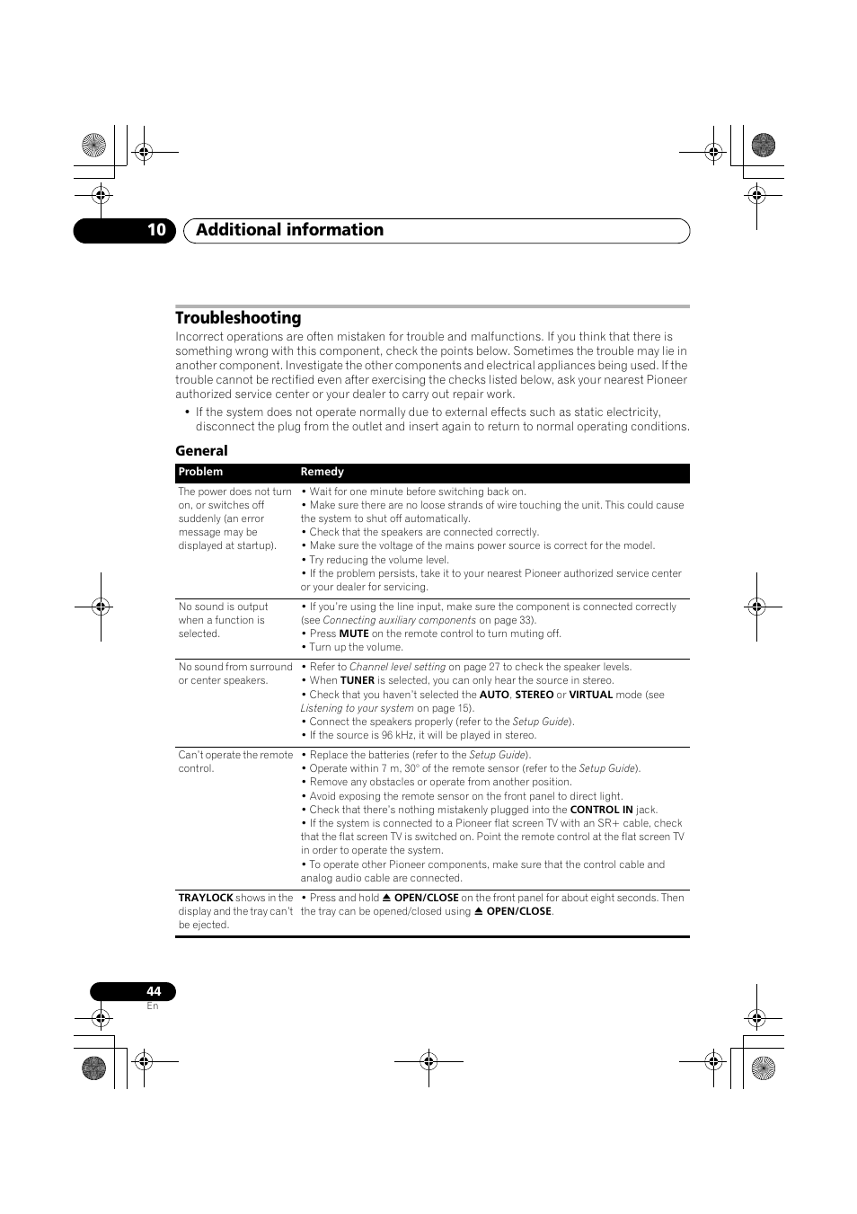 Troubleshooting, General, Additional information 10 | Pioneer S-DV777T User Manual | Page 44 / 102