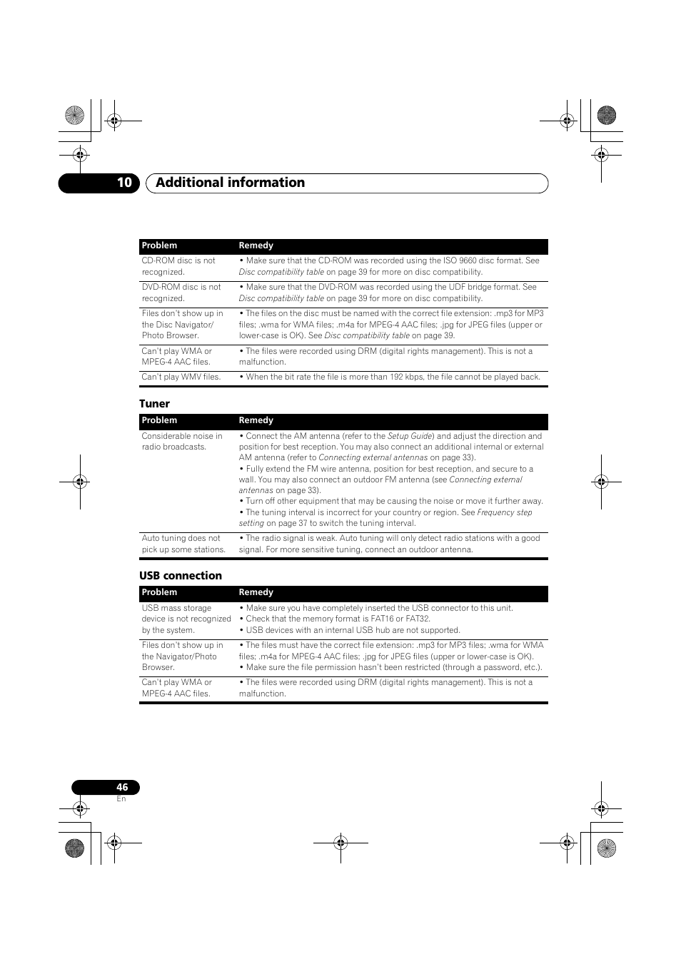 Tuner usb connection, Additional information 10 | Pioneer S-DV777T User Manual | Page 46 / 102