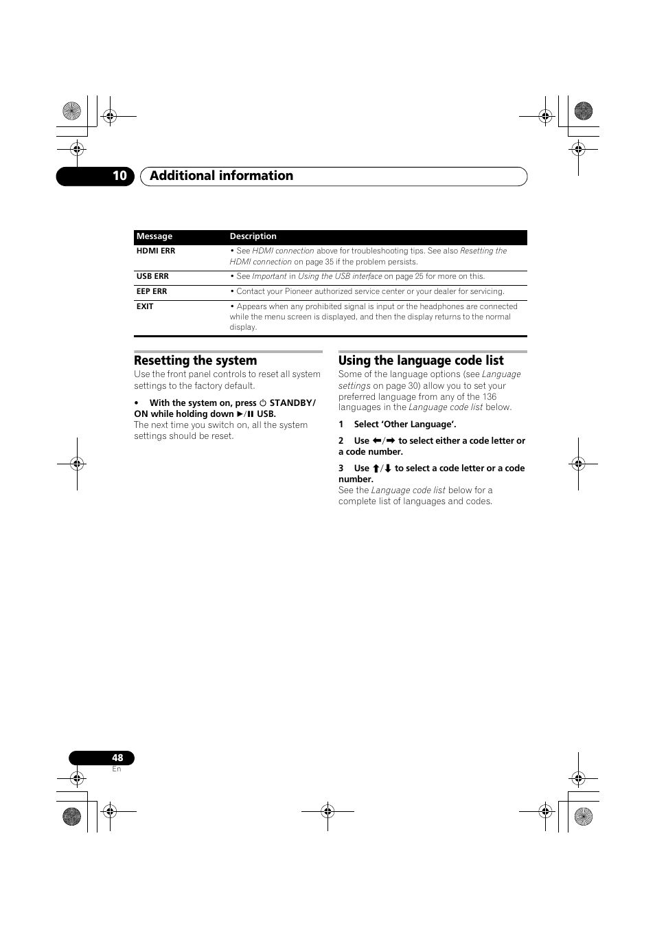 Resetting the system using the language code list, Additional information 10, Resetting the system | Using the language code list | Pioneer S-DV777T User Manual | Page 48 / 102