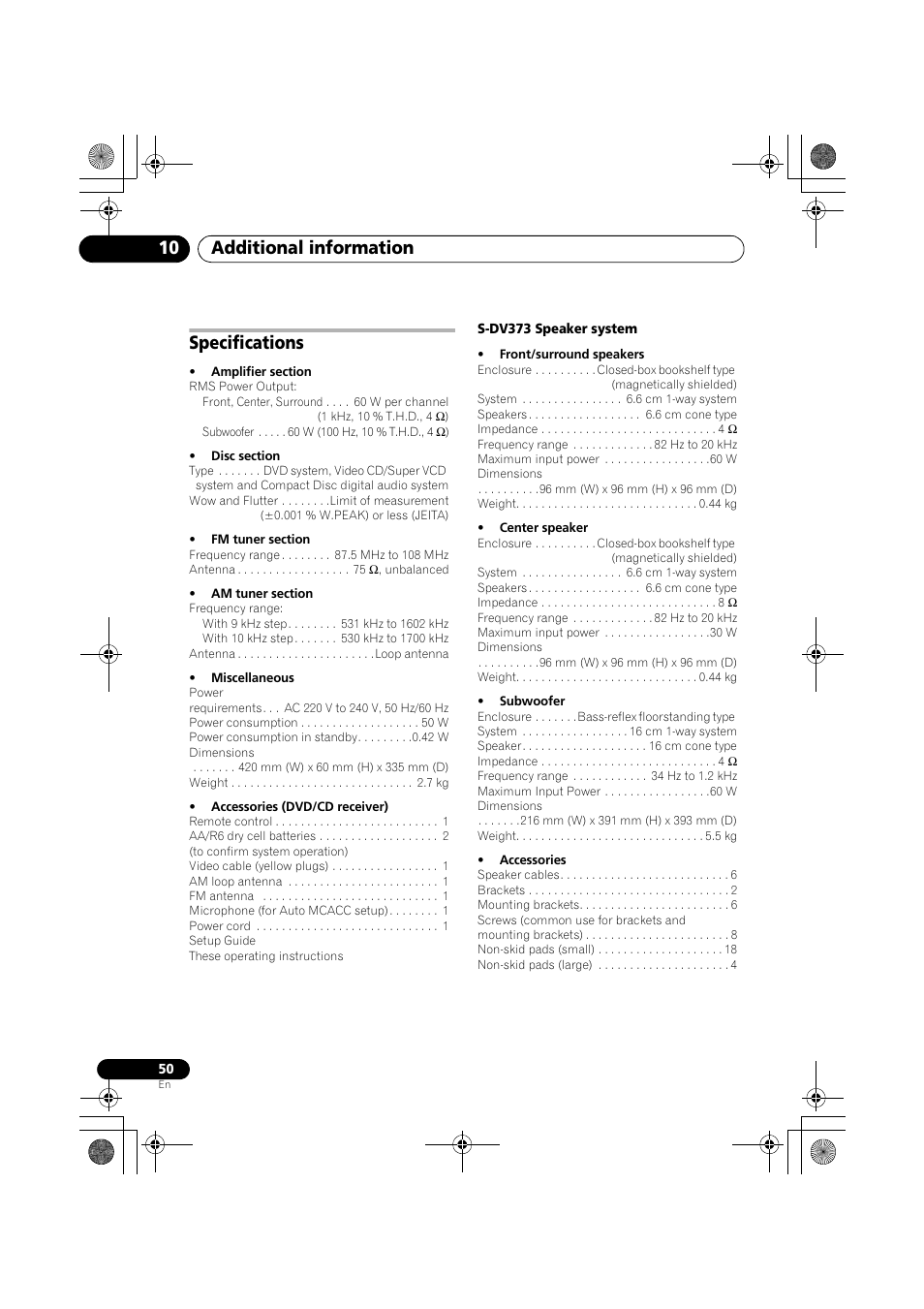 Specifications, Additional information 10 | Pioneer S-DV777T User Manual | Page 50 / 102