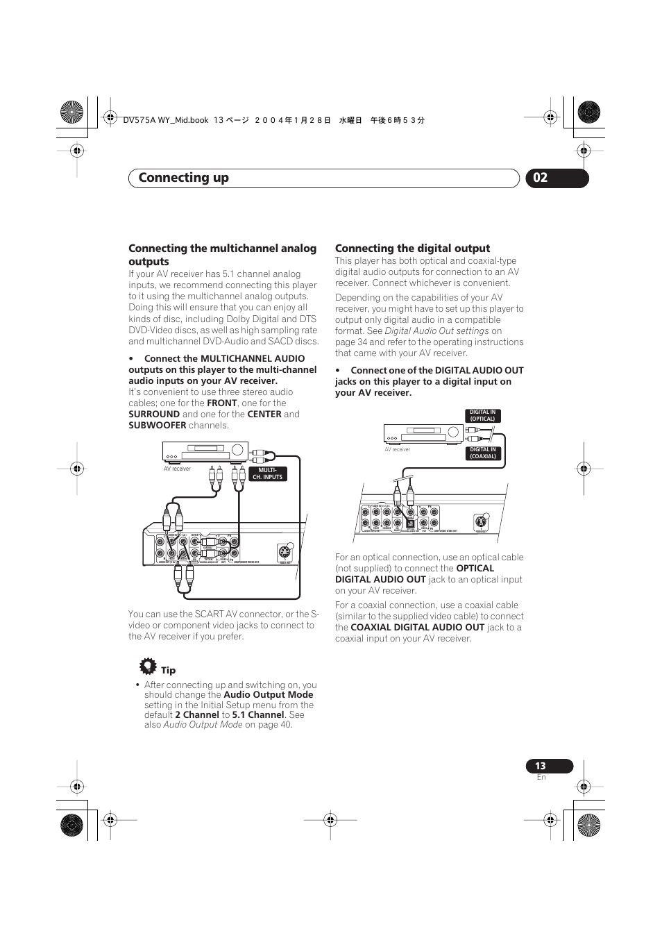 Connecting up 02, Connecting the multichannel analog outputs, Connecting the digital output | Pioneer VRB1332-A User Manual | Page 13 / 56
