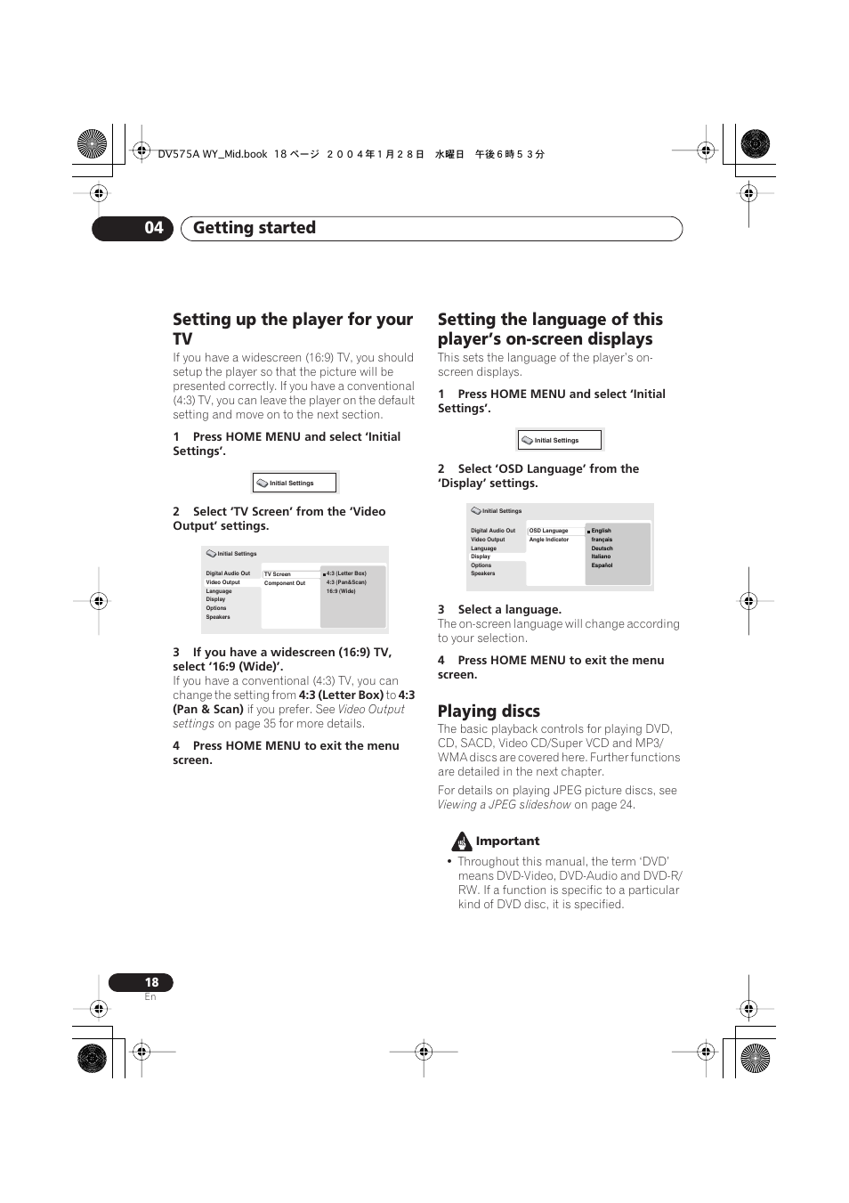 Setting up the player for your tv, Playing discs, Getting started 04 | Pioneer VRB1332-A User Manual | Page 18 / 56