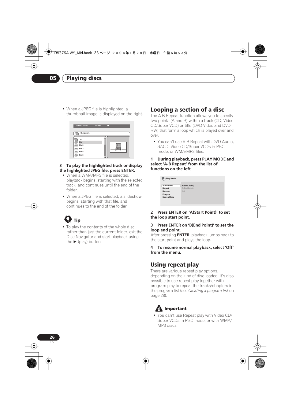 Looping a section of a disc, Using repeat play, Playing discs 05 | Pioneer VRB1332-A User Manual | Page 26 / 56