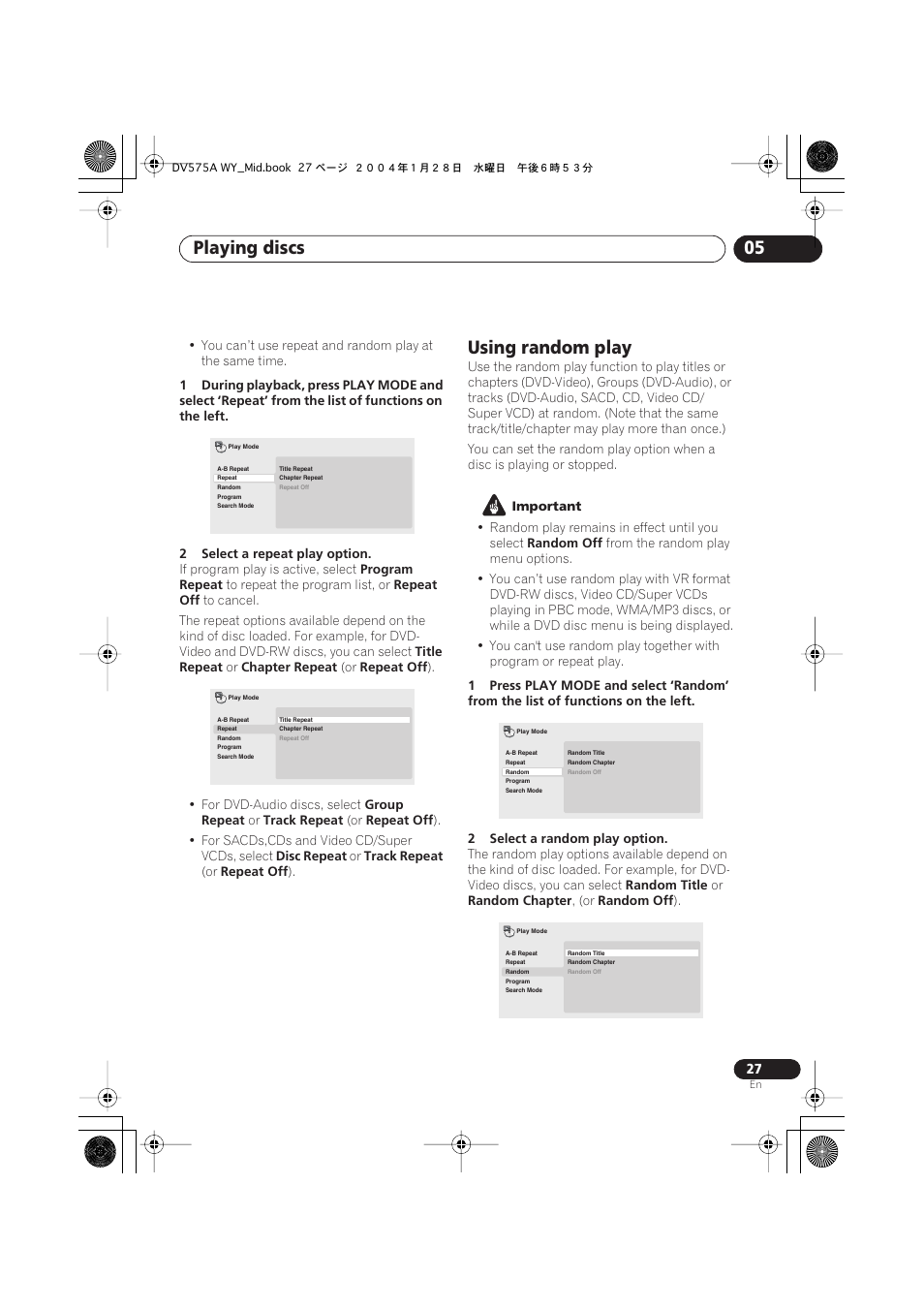 Using random play, Playing discs 05 | Pioneer VRB1332-A User Manual | Page 27 / 56