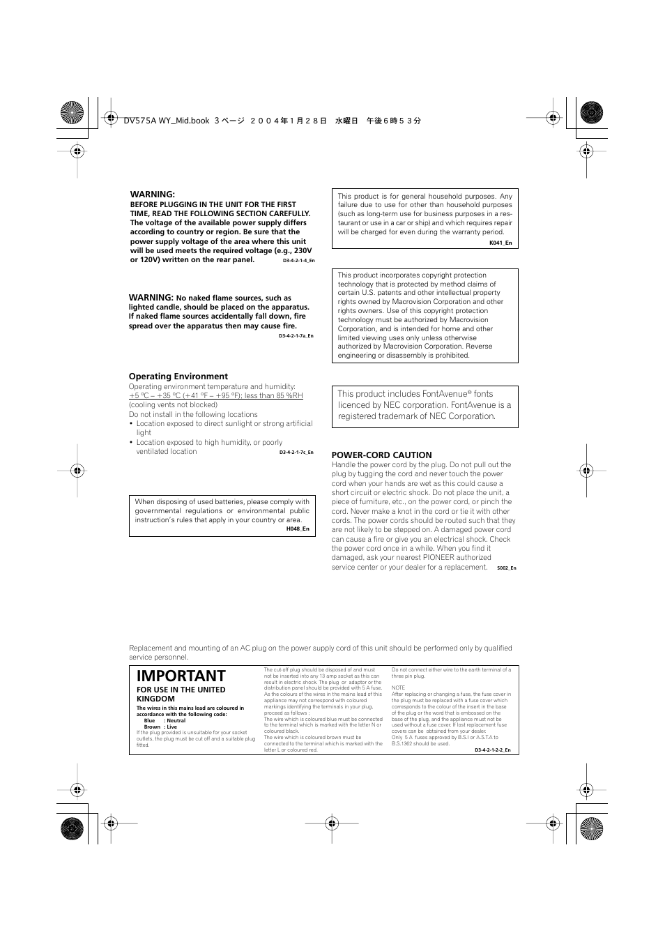 Important | Pioneer VRB1332-A User Manual | Page 3 / 56