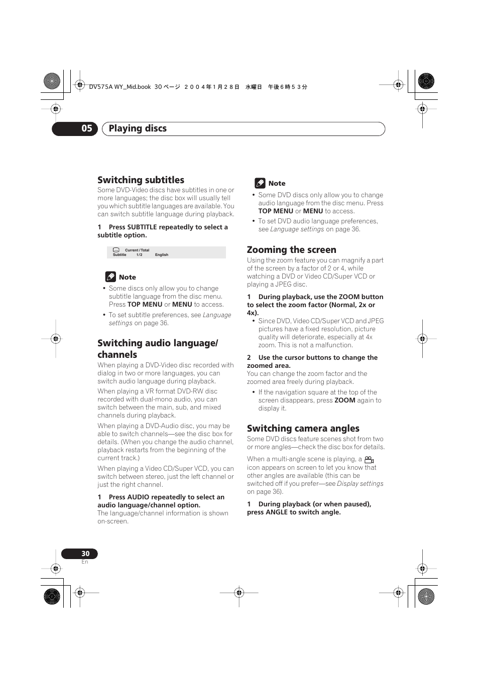 Switching subtitles, Switching audio language/channels, Zooming the screen | Switching camera angles, Playing discs 05, Switching audio language/ channels | Pioneer VRB1332-A User Manual | Page 30 / 56