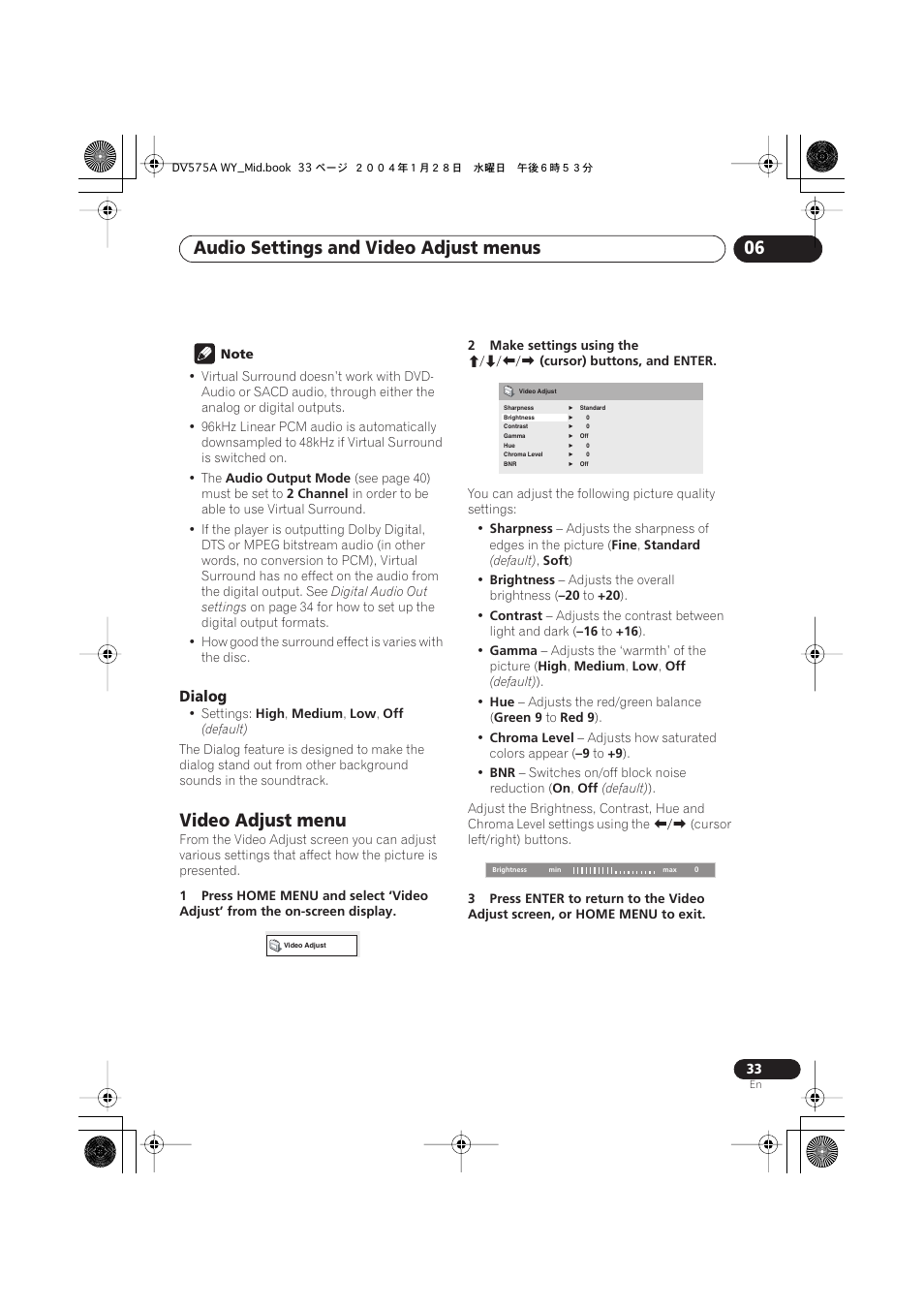 Video adjust menu, Audio settings and video adjust menus 06 | Pioneer VRB1332-A User Manual | Page 33 / 56