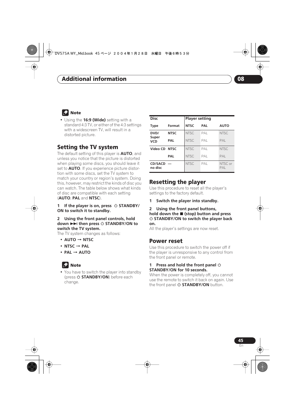 Setting the tv system, Resetting the player, Power reset | Additional information 08 | Pioneer VRB1332-A User Manual | Page 45 / 56
