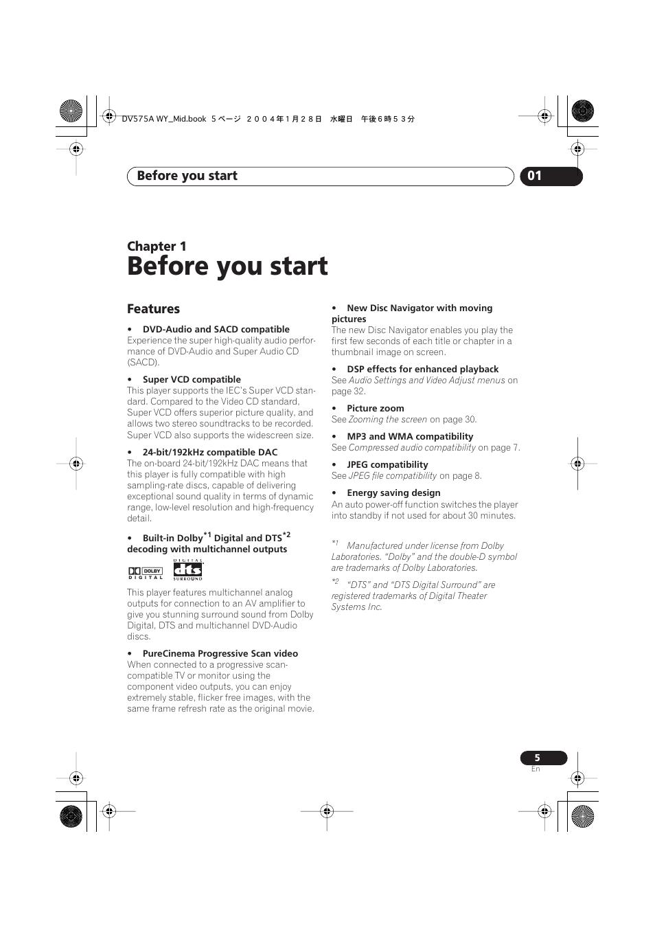 01 before you start, Features, Before you start | Before you start 01, Chapter 1 | Pioneer VRB1332-A User Manual | Page 5 / 56