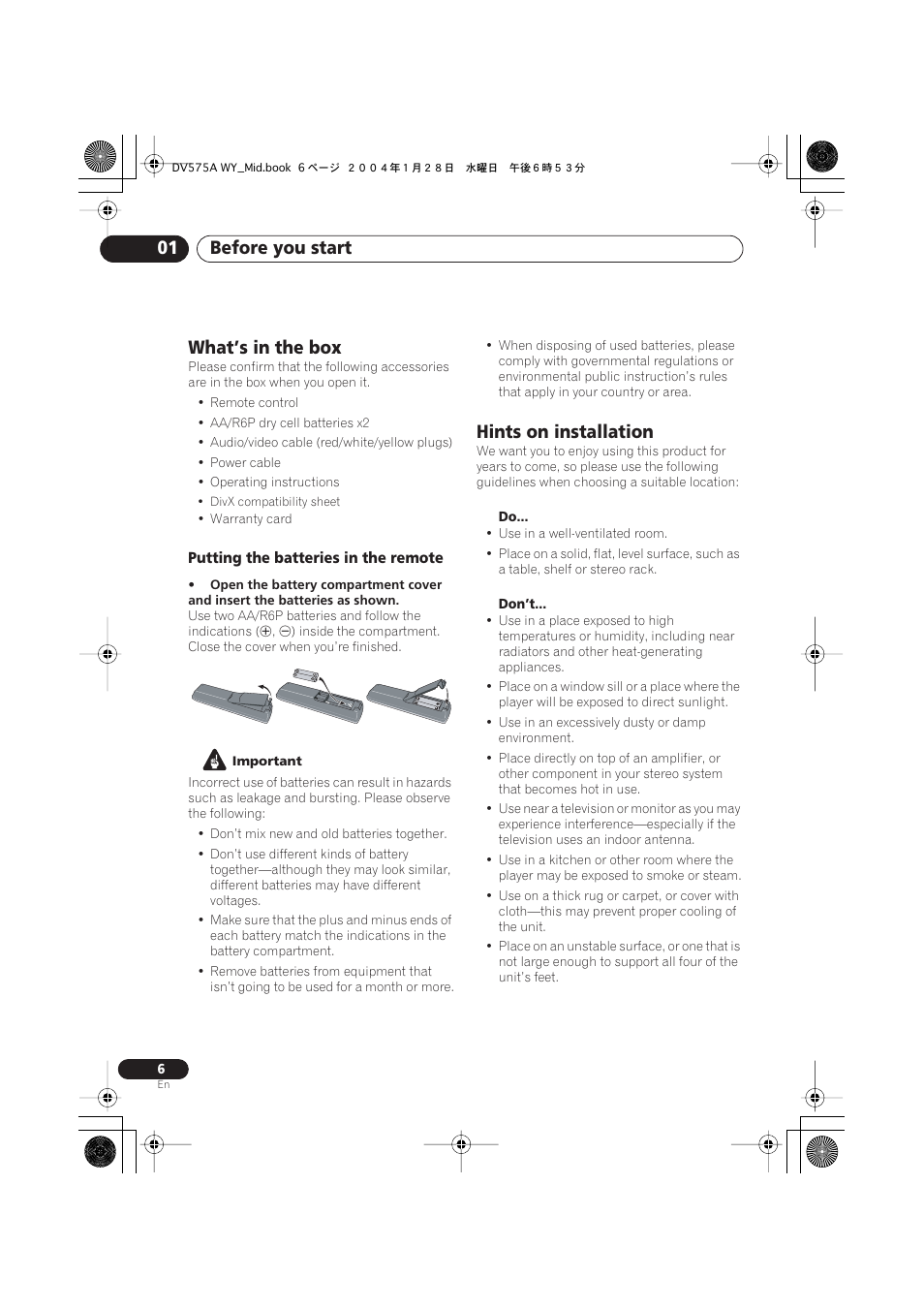 What’s in the box, Hints on installation, Before you start 01 | Pioneer VRB1332-A User Manual | Page 6 / 56