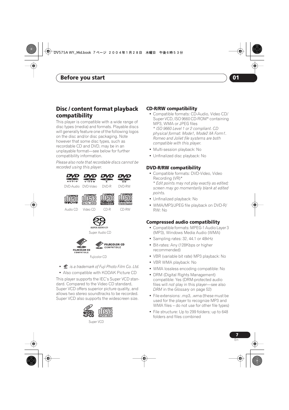 Disc / content format playback compatibility, Before you start 01 | Pioneer VRB1332-A User Manual | Page 7 / 56