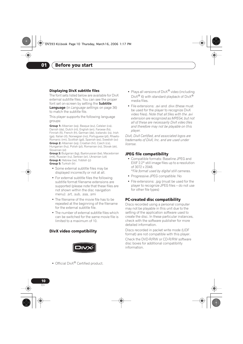 Before you start 01 | Pioneer DV-490V-S User Manual | Page 10 / 48