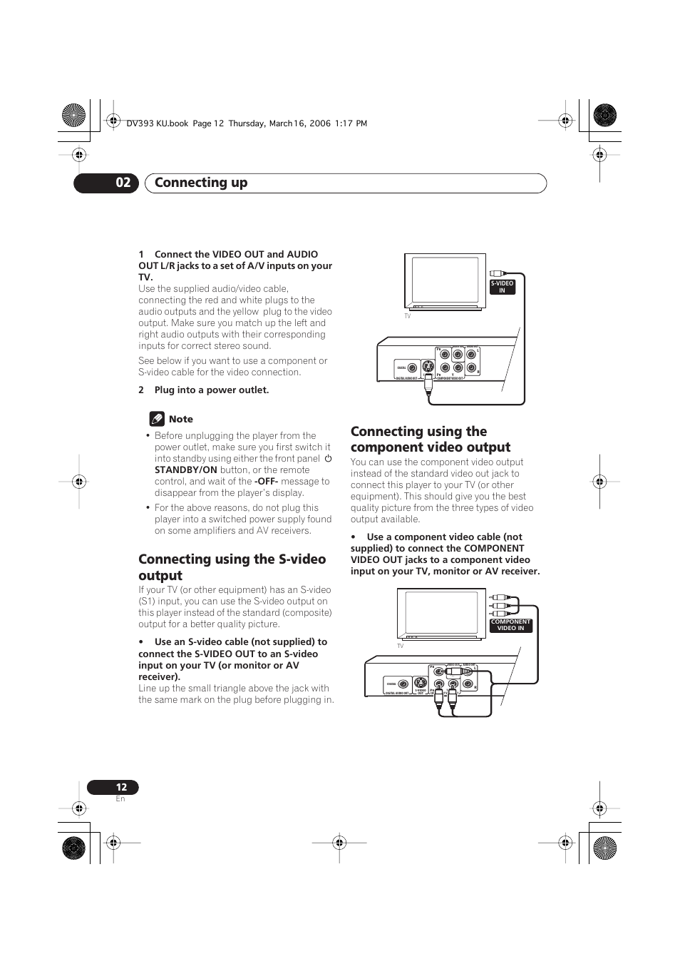 Connecting using the s-video output, Connecting using the component video output, Connecting up 02 | Pioneer DV-490V-S User Manual | Page 12 / 48