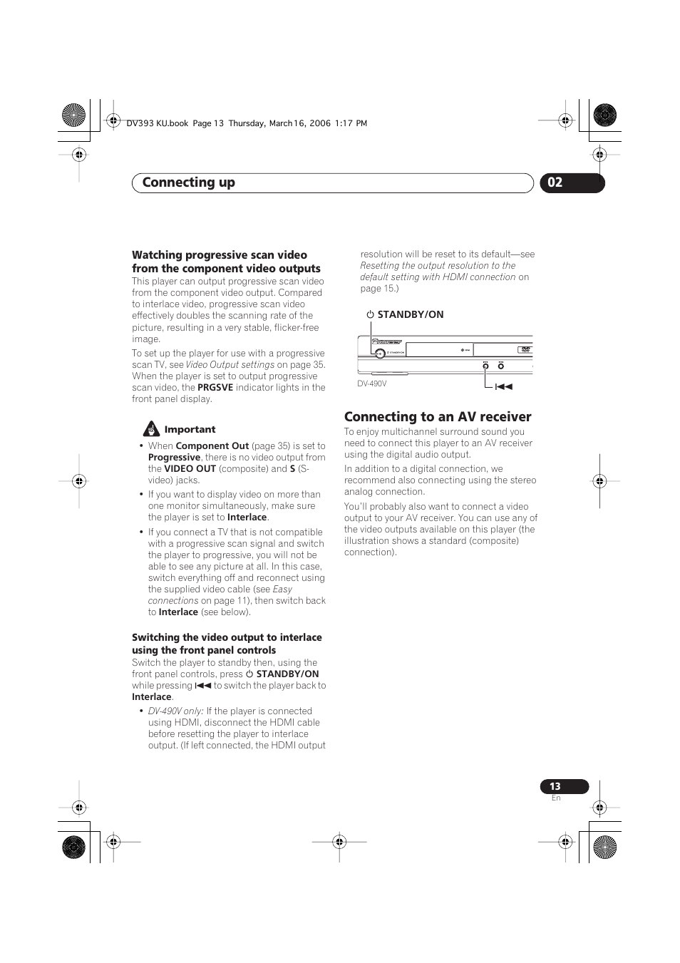 Connecting to an av receiver, Connecting up 02 | Pioneer DV-490V-S User Manual | Page 13 / 48