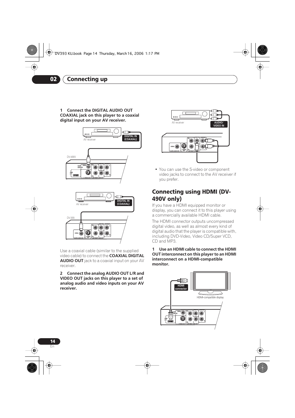 Connecting using hdmi (dv-490v only), Connecting up 02, Connecting using hdmi (dv- 490v only) | Coaxial digital audio out, Jack to a coaxial input on your av receiver | Pioneer DV-490V-S User Manual | Page 14 / 48