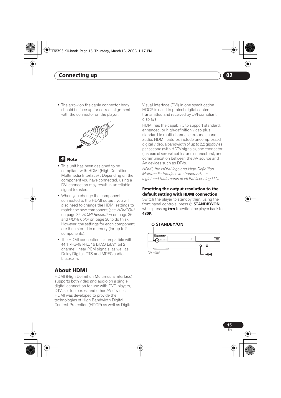 About hdmi, Connecting up 02 | Pioneer DV-490V-S User Manual | Page 15 / 48