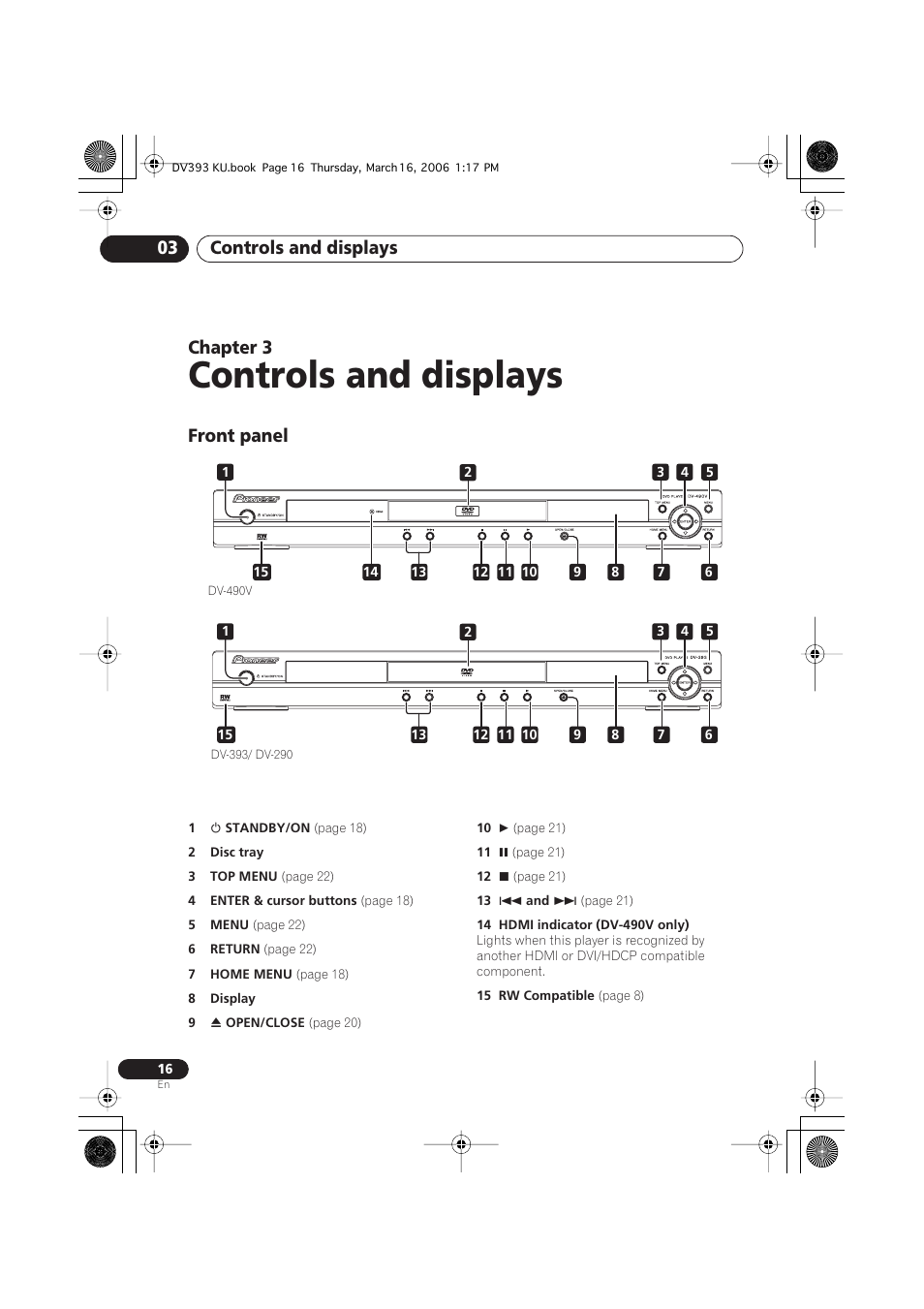 03 controls and displays, Front panel, Controls and displays | Controls and displays 03, Chapter 3 | Pioneer DV-490V-S User Manual | Page 16 / 48