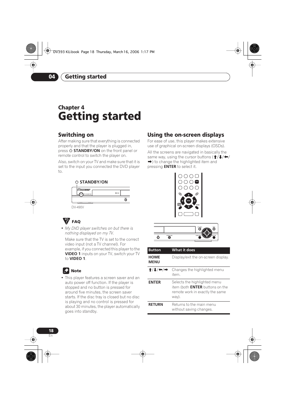04 getting started, Switching on, Using the on-screen displays | Getting started, Getting started 04, Chapter 4 | Pioneer DV-490V-S User Manual | Page 18 / 48