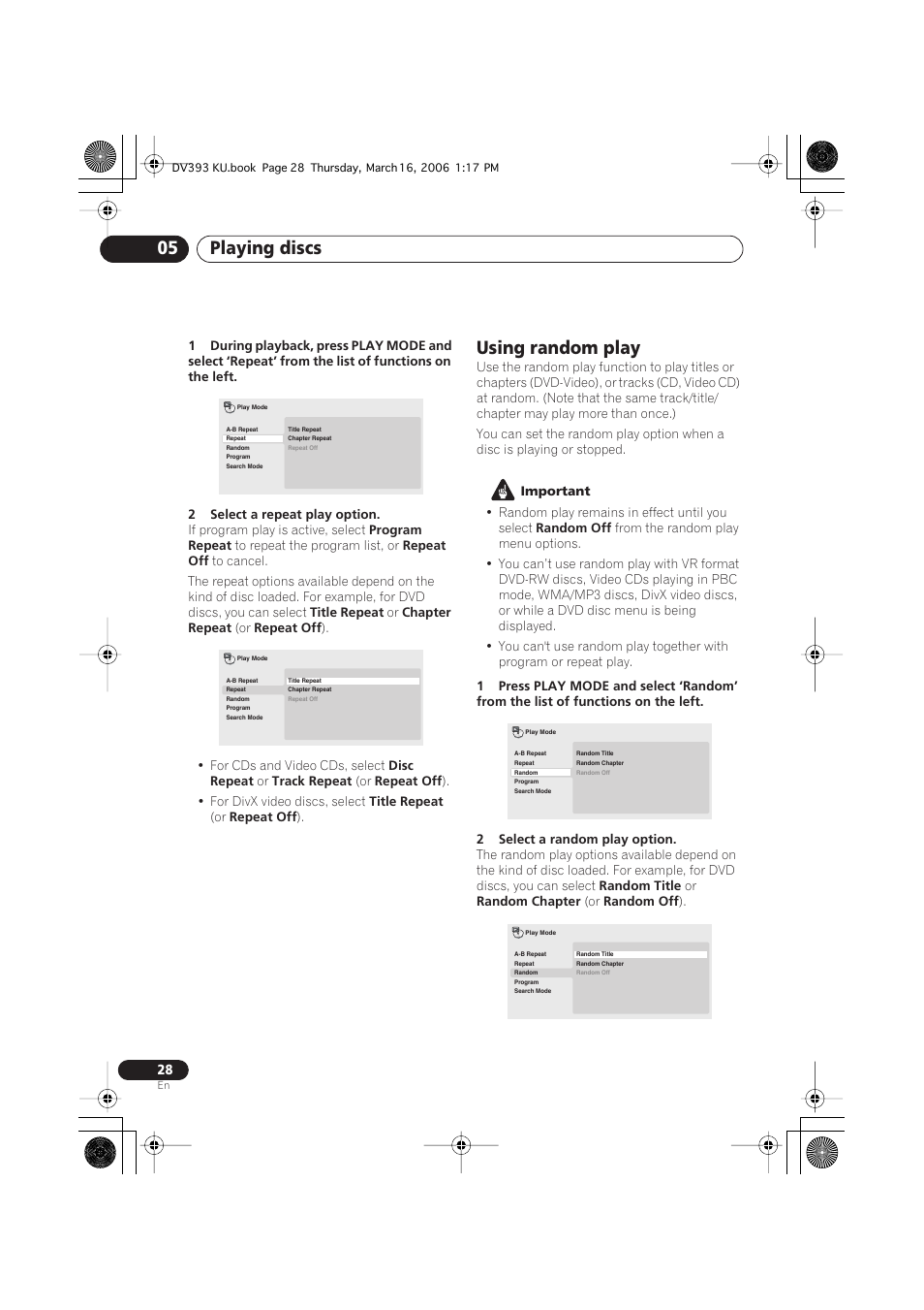 Using random play, Playing discs 05 | Pioneer DV-490V-S User Manual | Page 28 / 48