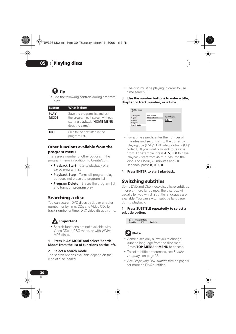 Searching a disc, Switching subtitles, Playing discs 05 | Pioneer DV-490V-S User Manual | Page 30 / 48
