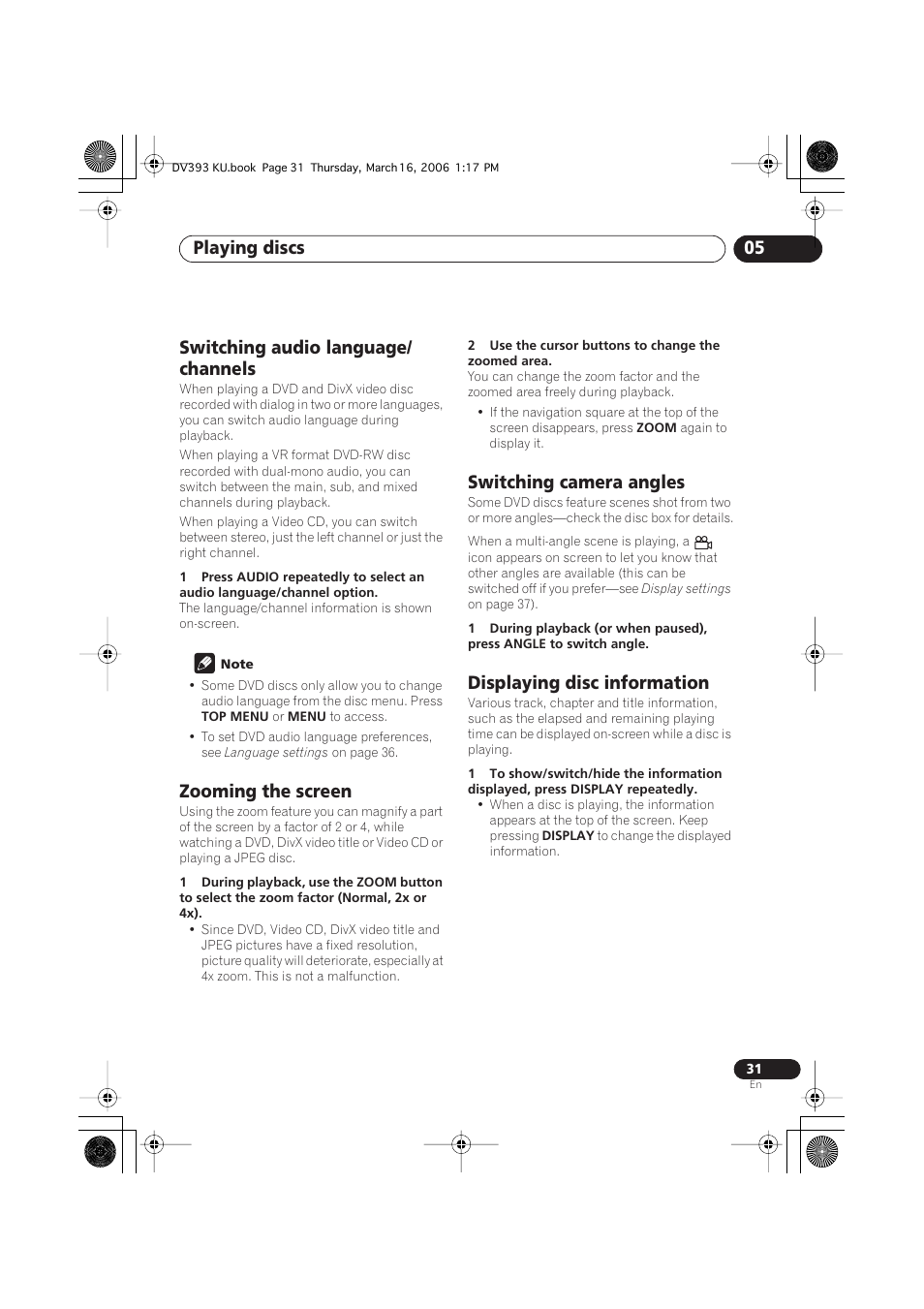 Switching audio language/channels, Zooming the screen, Switching camera angles | Displaying disc information, Playing discs 05, Switching audio language/ channels | Pioneer DV-490V-S User Manual | Page 31 / 48