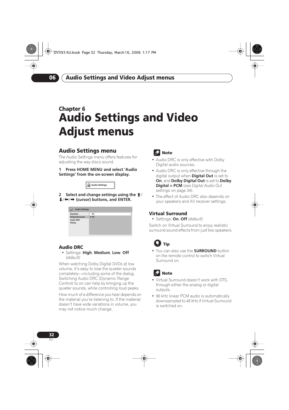 06 audio settings and video adjust menus, Audio settings menu, Audio settings and video adjust menus | Audio settings and video adjust menus 06, Chapter 6 | Pioneer DV-490V-S User Manual | Page 32 / 48