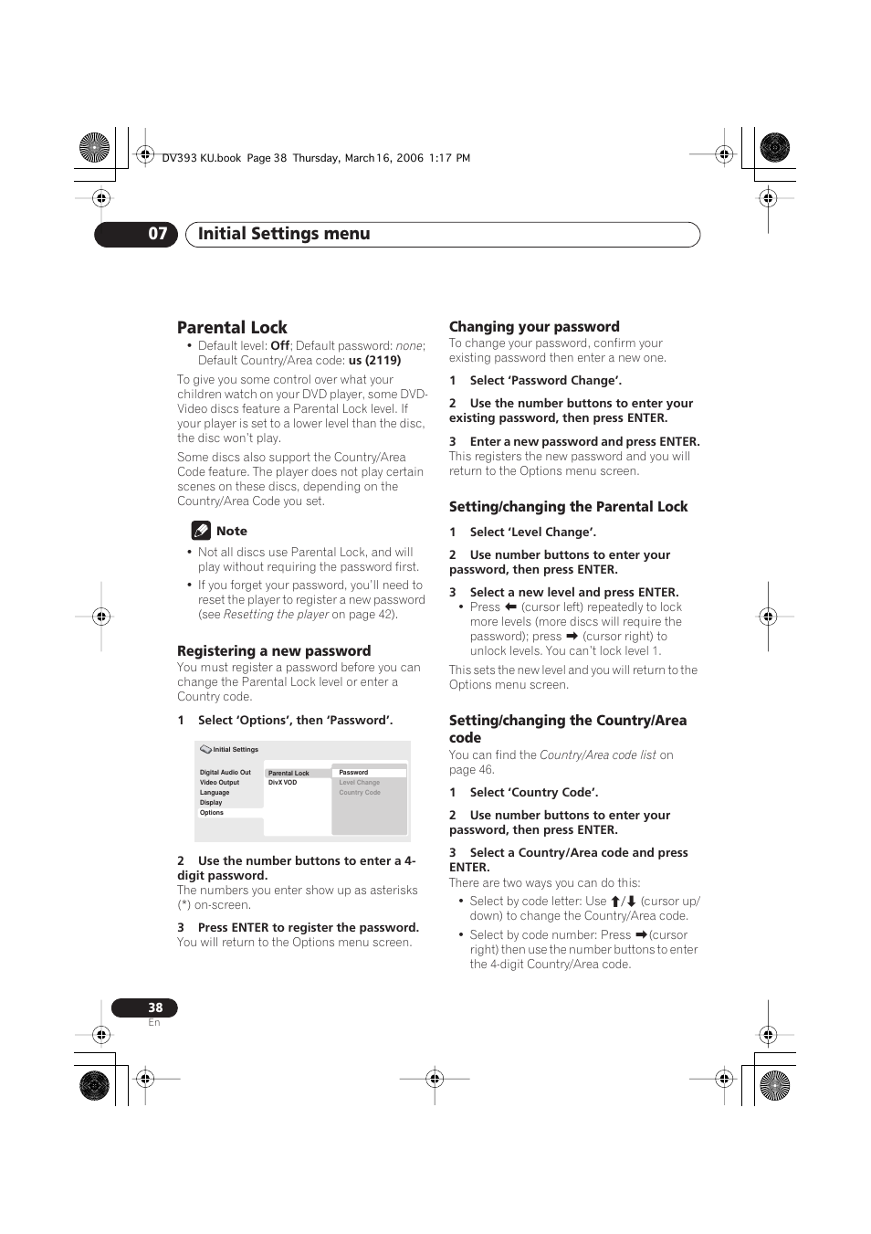 Parental lock, Initial settings menu 07 | Pioneer DV-490V-S User Manual | Page 38 / 48