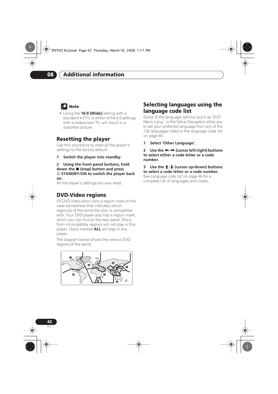 Resetting the player, Dvd-video regions, Selecting languages using the language code list | Additional information 08 | Pioneer DV-490V-S User Manual | Page 42 / 48