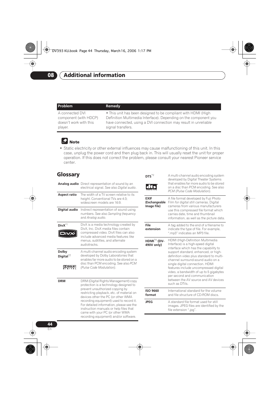 Glossary, Additional information 08 | Pioneer DV-490V-S User Manual | Page 44 / 48