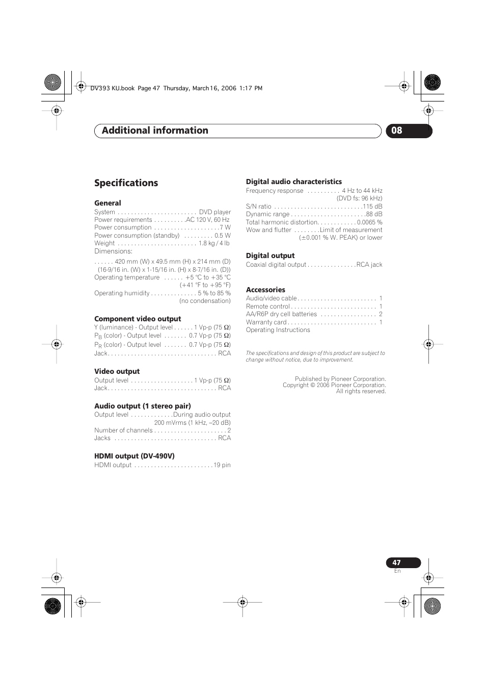 Specifications, Additional information 08 | Pioneer DV-490V-S User Manual | Page 47 / 48