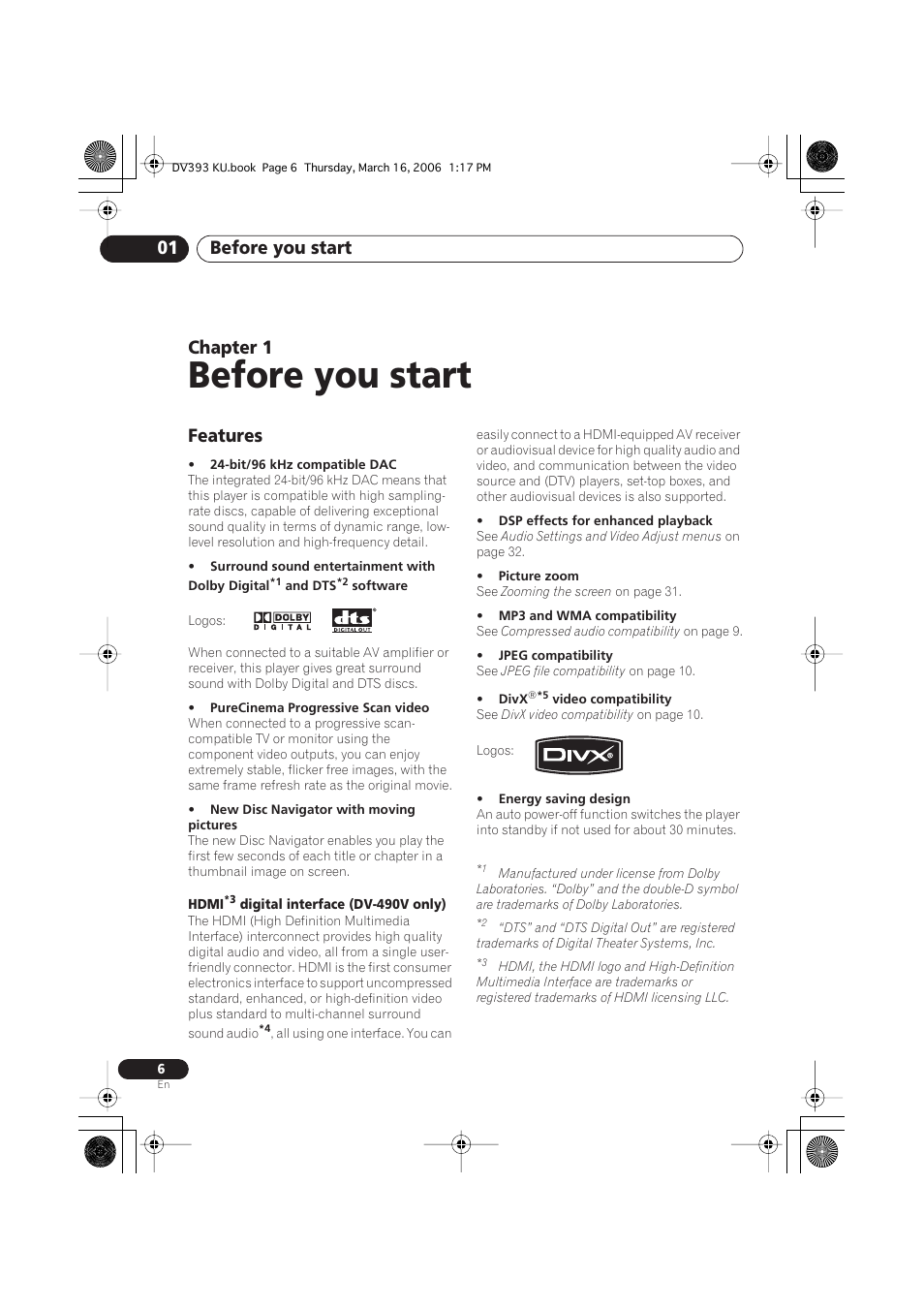 01 before you start, Features, Before you start | Before you start 01, Chapter 1 | Pioneer DV-490V-S User Manual | Page 6 / 48