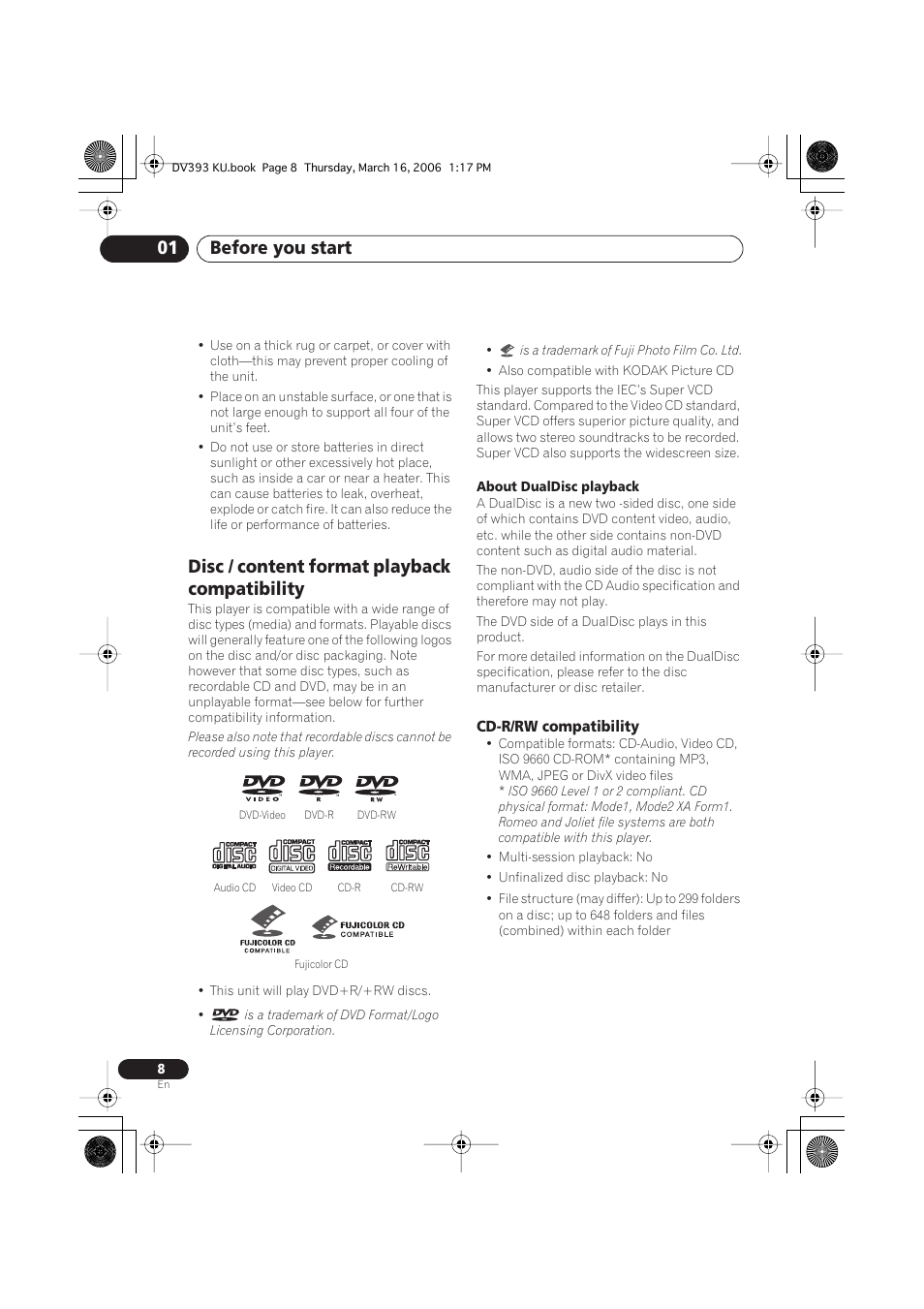 Disc / content format playback compatibility, Before you start 01 | Pioneer DV-490V-S User Manual | Page 8 / 48