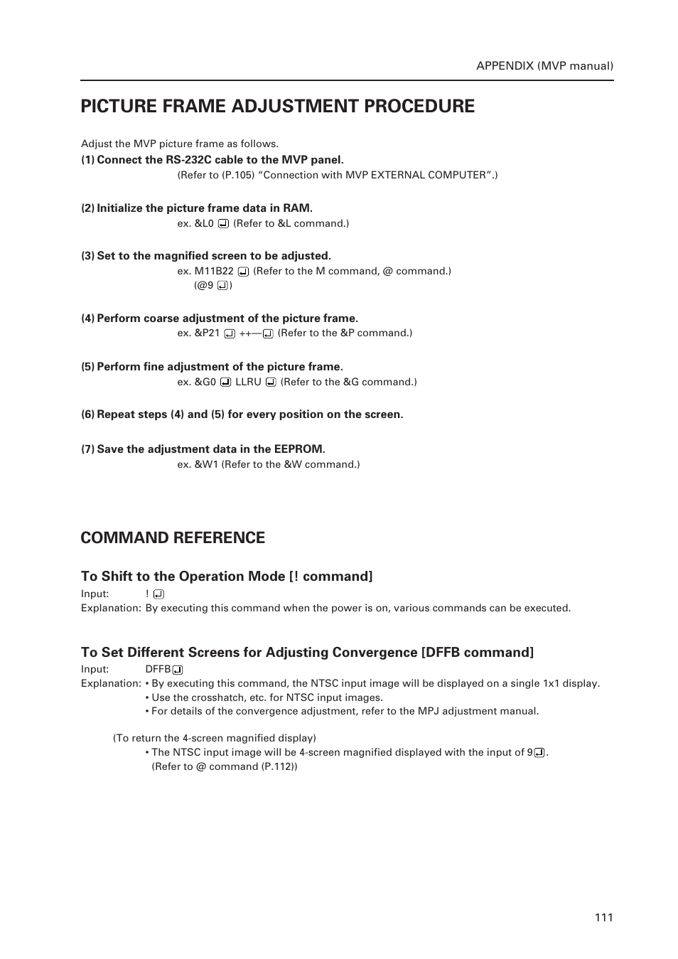 Picture frame adjustment procedure, Command reference | Pioneer Multi Projection System RM-V1000NU User Manual | Page 112 / 159